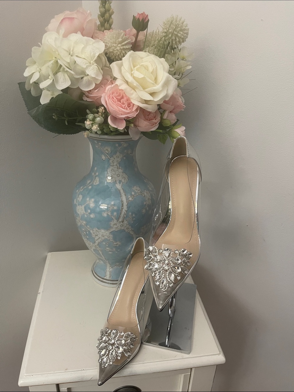 Elegant Silver Pointed-Toe Crystal Embellished Pumps